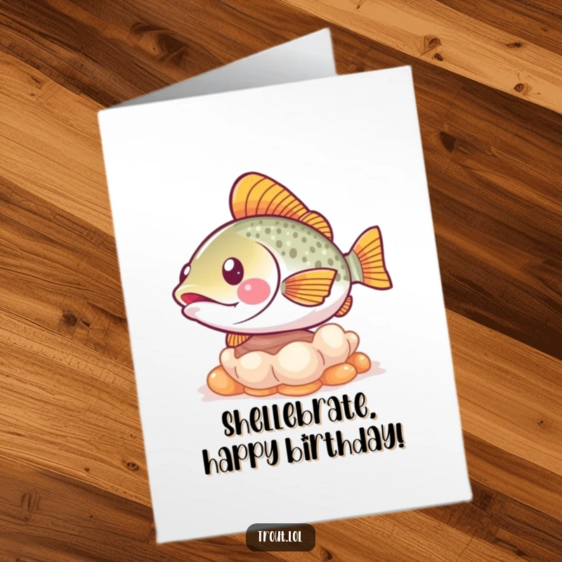 Funny Free Printable Birthday Card: A playful trout gently nudges a smiling seashell underwater.