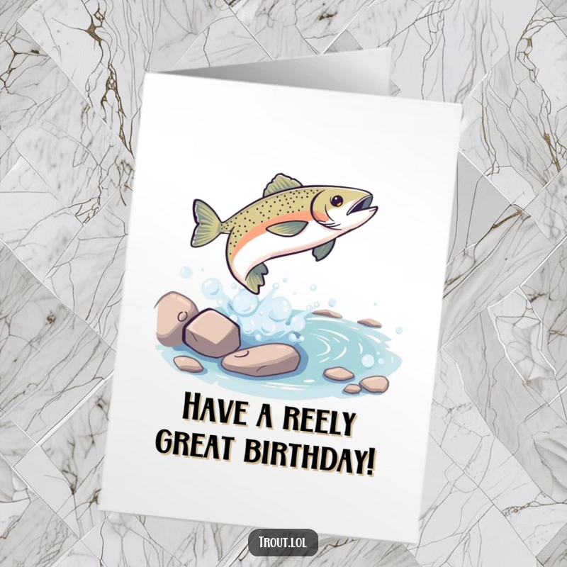 Funny Free Printable Birthday Card featuring a trout leaping playfully from a bubbly stream, wishing a splash-tastic birthday.