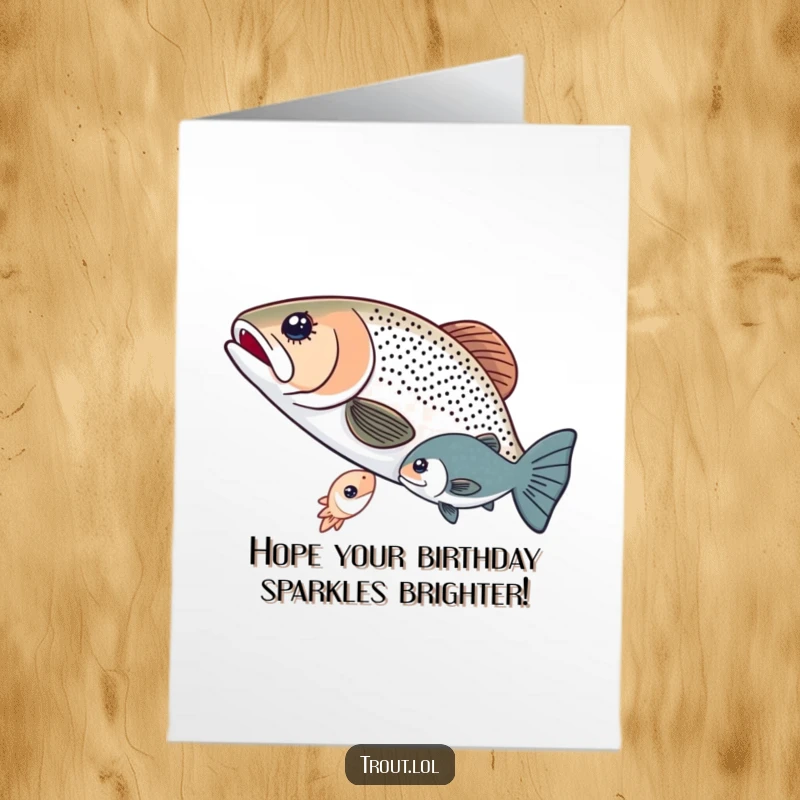 Funny free printable birthday card showing two fish sharing a small, glowing microorganism underwater, symbolizing friendship and shared joy.