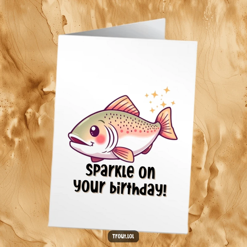 Funny Free Printable Birthday Card: A happy trout swirls, leaving a trail of sparkles for your special day.