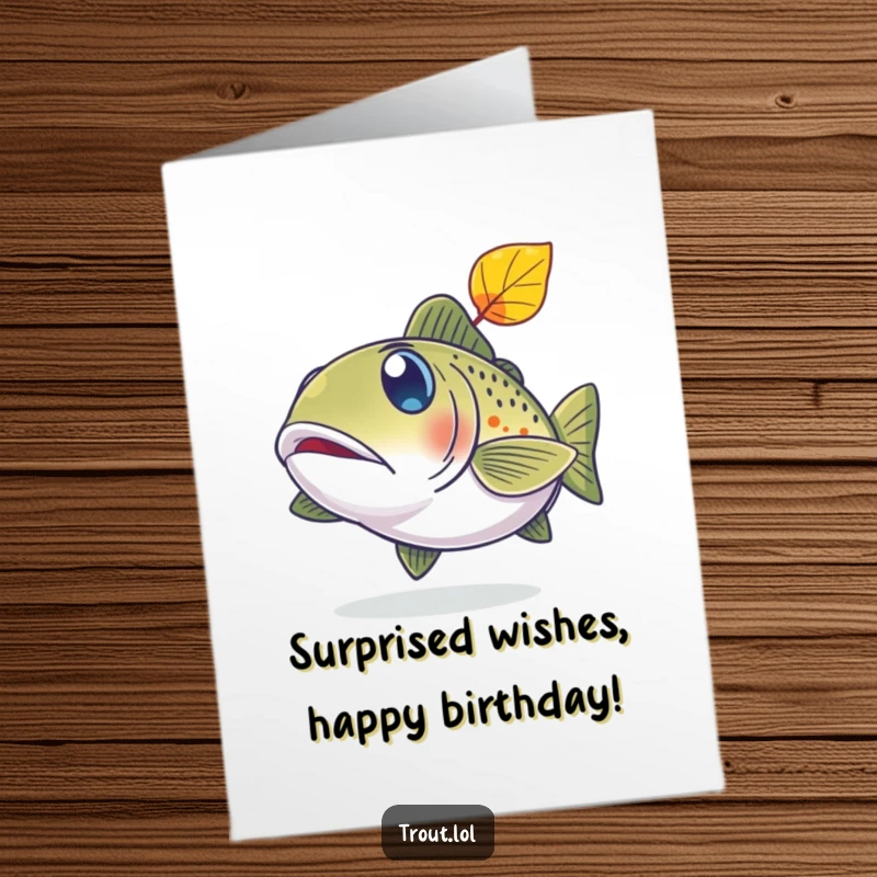 Funny Free Printable Birthday Card: A trout with comically wide, surprised eyes stares at a single falling autumn leaf.