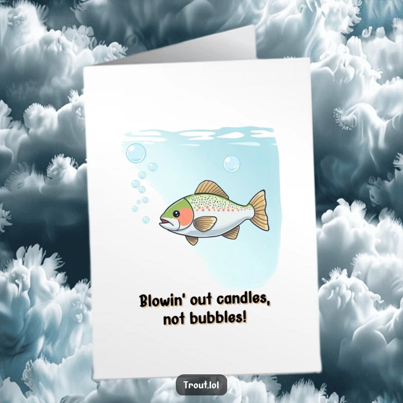 Funny Free Printable Birthday Card showing a trout playfully blowing streams of bubbles underwater, spreading cheer.