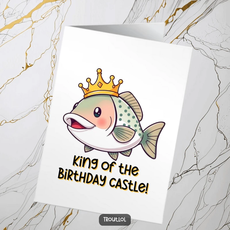 Funny Free Printable Birthday Card featuring a smiling trout proudly wearing a golden crown, swimming with regal excitement.
