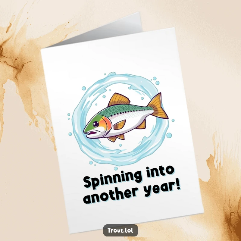 Funny Free Printable Birthday Card: A trout comically spinning in a water swirl, a chaotic and hilarious design for a downloadable card.