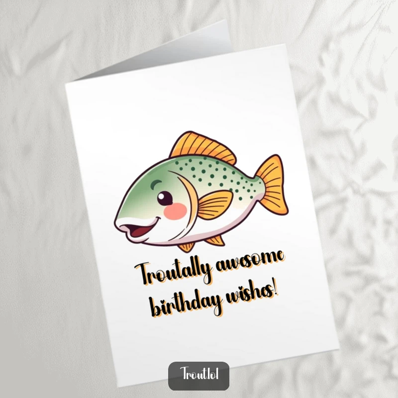 Funny Free Printable Birthday Card: Kawaii trout doing a happy wiggle of its tail, ready to celebrate.