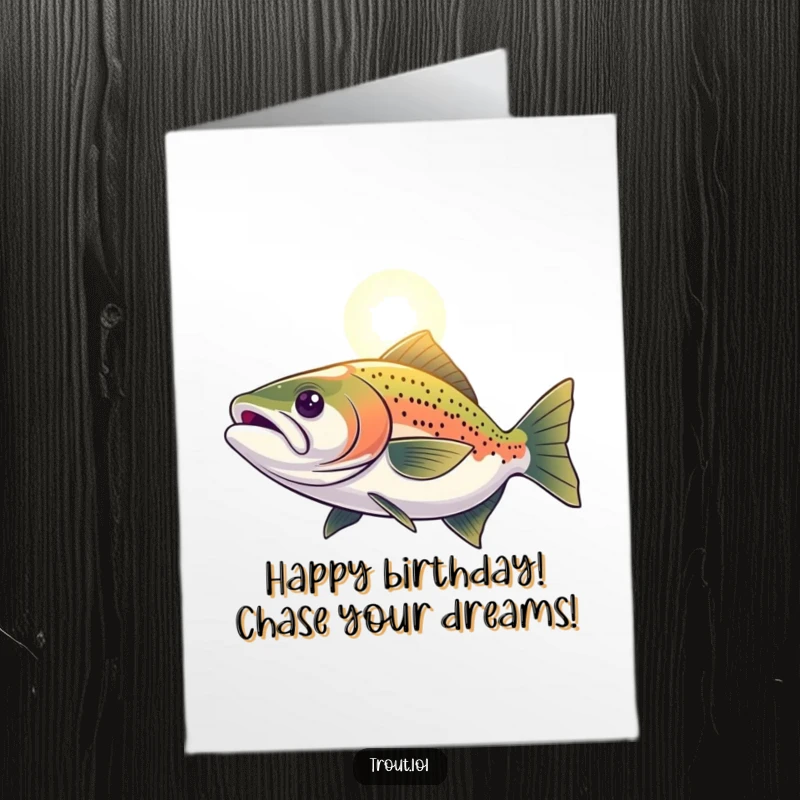 Funny Free Printable Birthday Card featuring a trout with intense focus, swimming purposefully towards a bright distant light, symbolizing ambition.