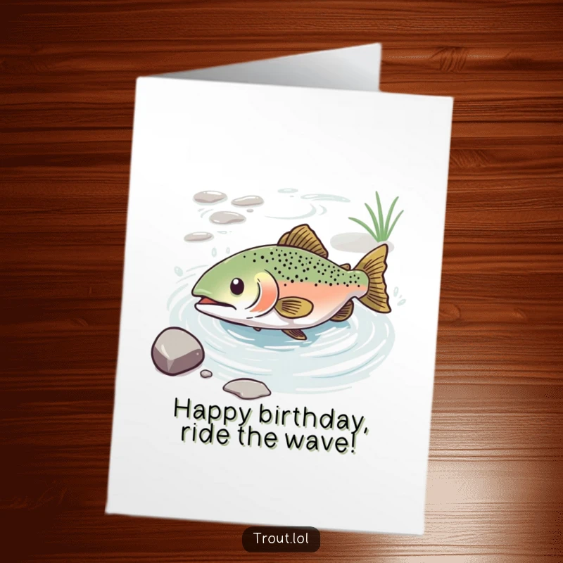 Funny Free Printable Birthday Card: A trout slides blissfully down a gentle water current.