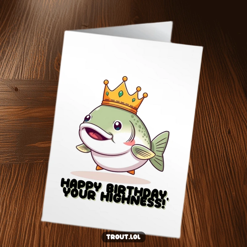 Funny Free Printable Birthday Card: Smug trout wearing a tiny crown, looking regally pleased.
