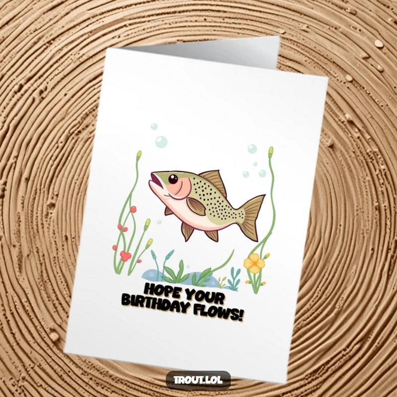 Funny Free Printable Birthday Card: A trout happily dances with flair through lush underwater plants, celebrating their birthday.