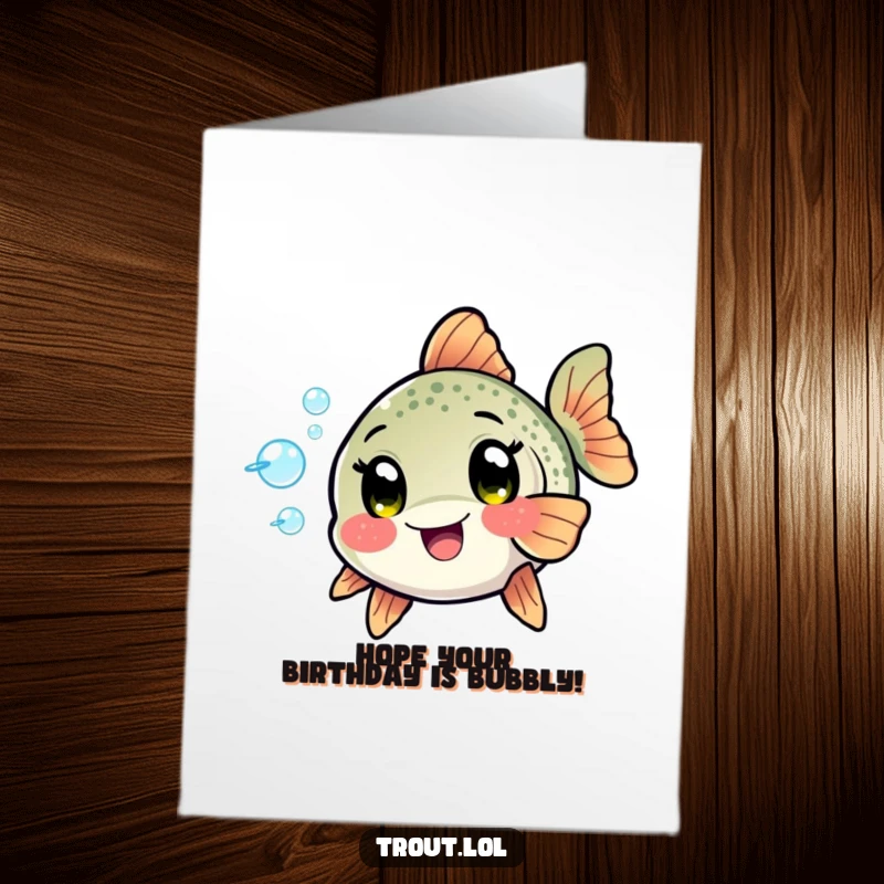 Funny Free Printable Birthday Card: A kawaii trout with wide, excited eyes playfully blowing a stream of happy bubbles.