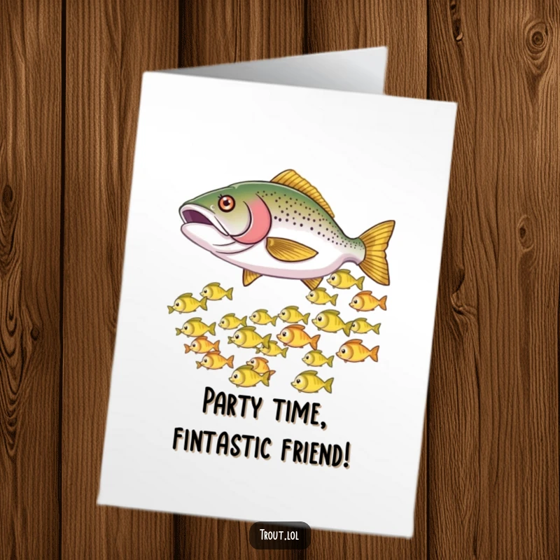 Funny Free Printable Birthday Card: A trout playfully nudges small fish, causing them to dart away.