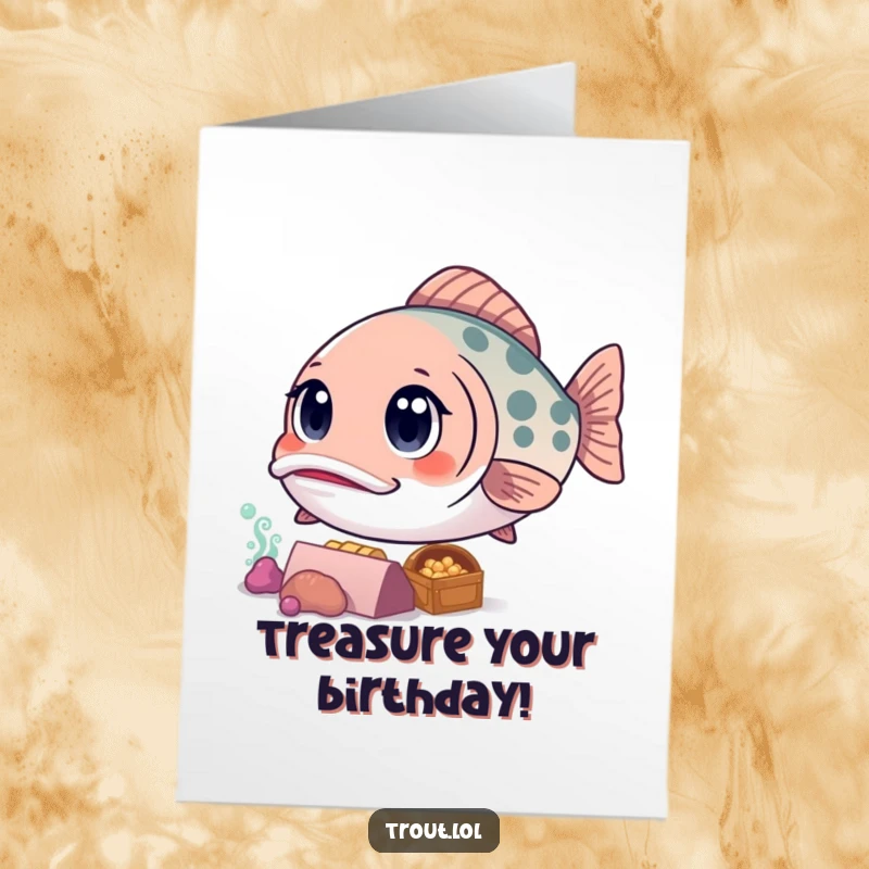 Funny Free Printable Birthday Card: a kawaii trout with wide, curious eyes gazes at a sunken treasure chest, seeking birthday delights.