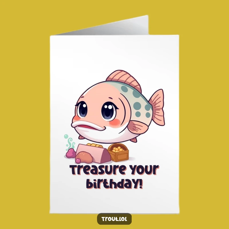 Free Printable Birthday Card: Curious Kawaii Trout Finds Birthday Treasure Fun