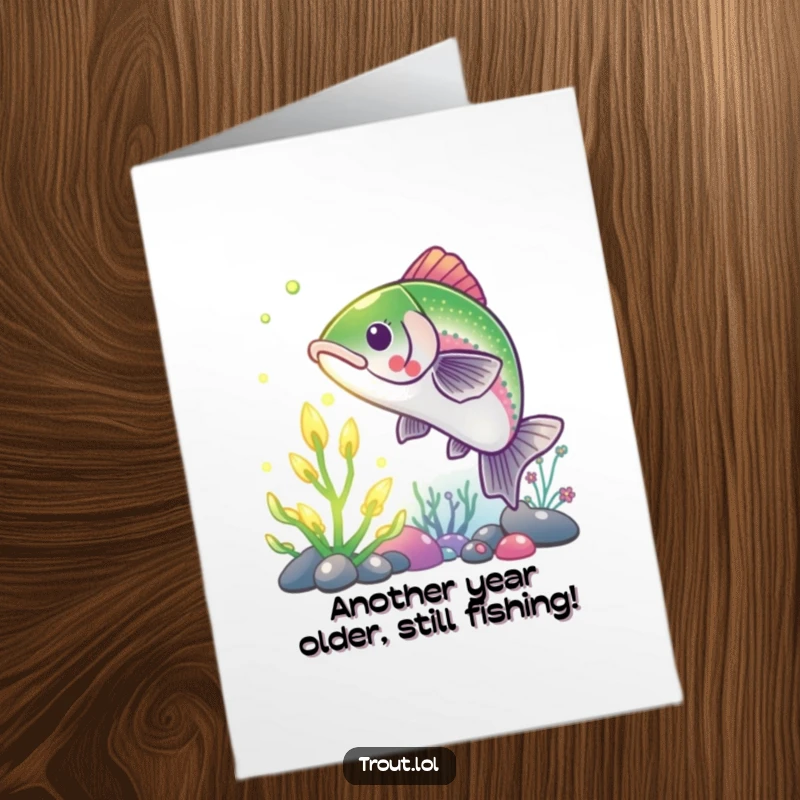Funny Free Printable Trout Birthday Card: A comical fish excitedly reaching for a glowing underwater plant, perfect for a quirky celebration.