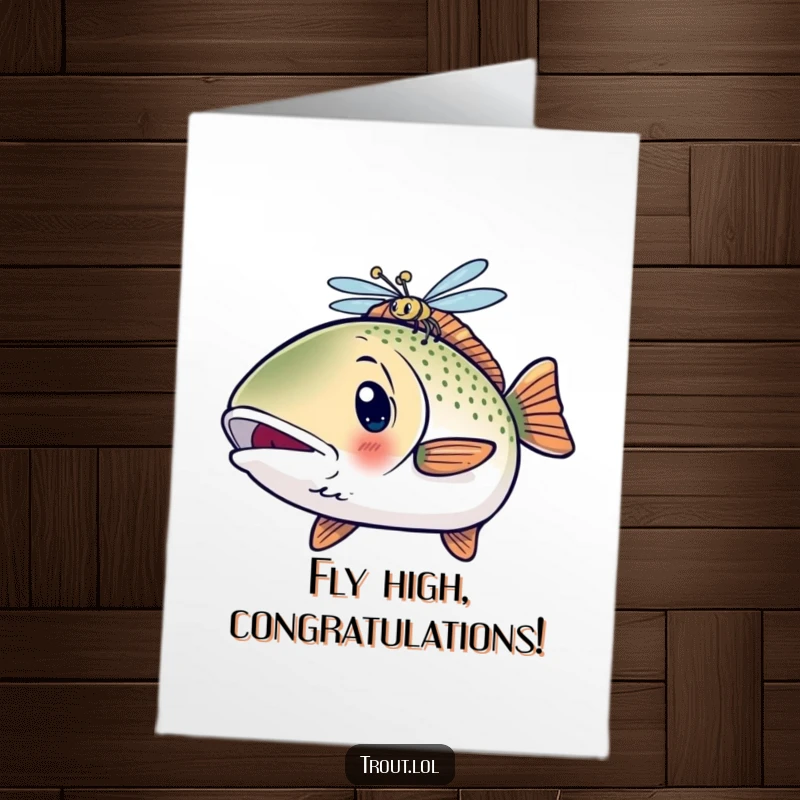 Funny Free Printable Congrats Card: a kawaii trout has a surprised look as a dragonfly hovers.