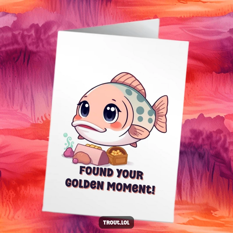 Funny Free Printable Congratulations Card: a kawaii trout with curious eyes discovers a sunken treasure chest, symbolizing a great achievement.