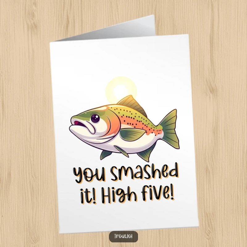 Funny Free Printable Congratulations Card showing a resolute trout swimming strongly towards a beacon of light, celebrating hard-earned success.