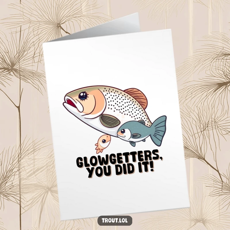 Funny free printable congratulations card with two fish sharing a tiny glowing microorganism, celebrating success and shared moments.