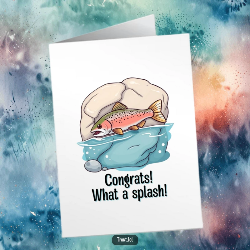 Funny Free Printable Congratulations Card showing a trout comically headbutting a smooth rock, celebrating achievement with a clumsy but endearing bump.