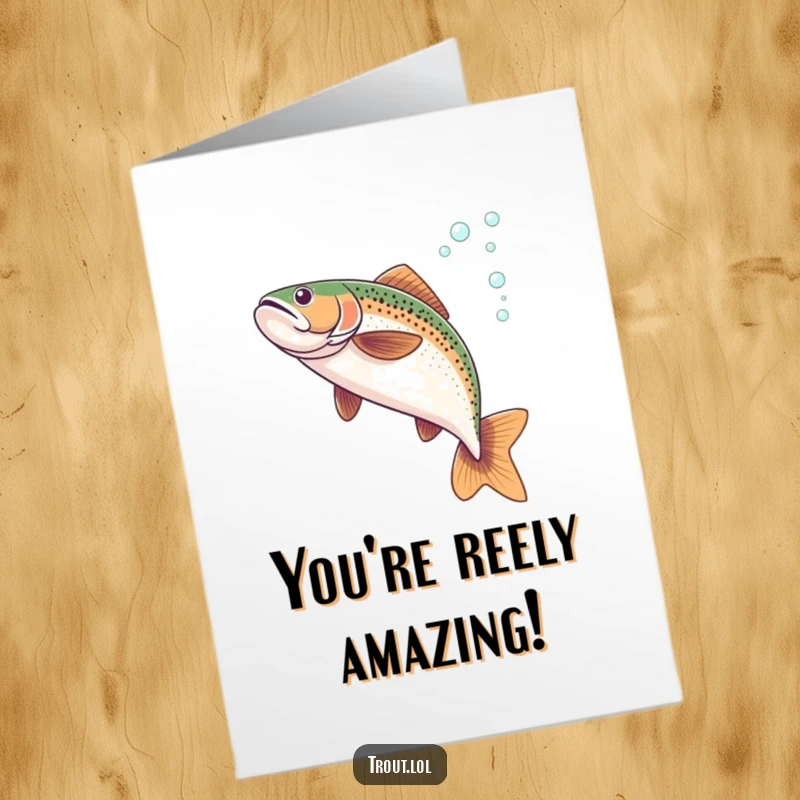 Funny Free Printable Congratulations Card depicting a trout mid-flip underwater, leaving a whimsical trail of bubbles behind.