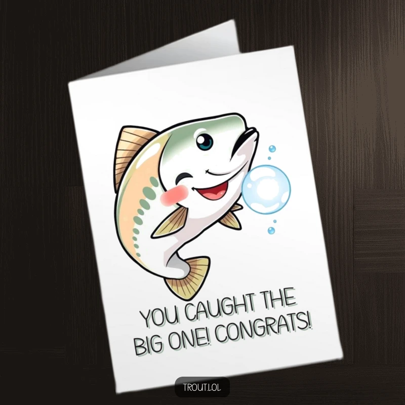 Funny Free Printable Congrats Card showing a trout with a grin chasing a bubble, celebrating achievement with humor.