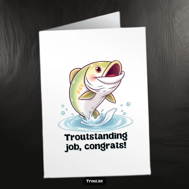 Funny Free Printable Congratulations Card: A happy trout with a wide grin leaps triumphantly out of the water, celebrating success.