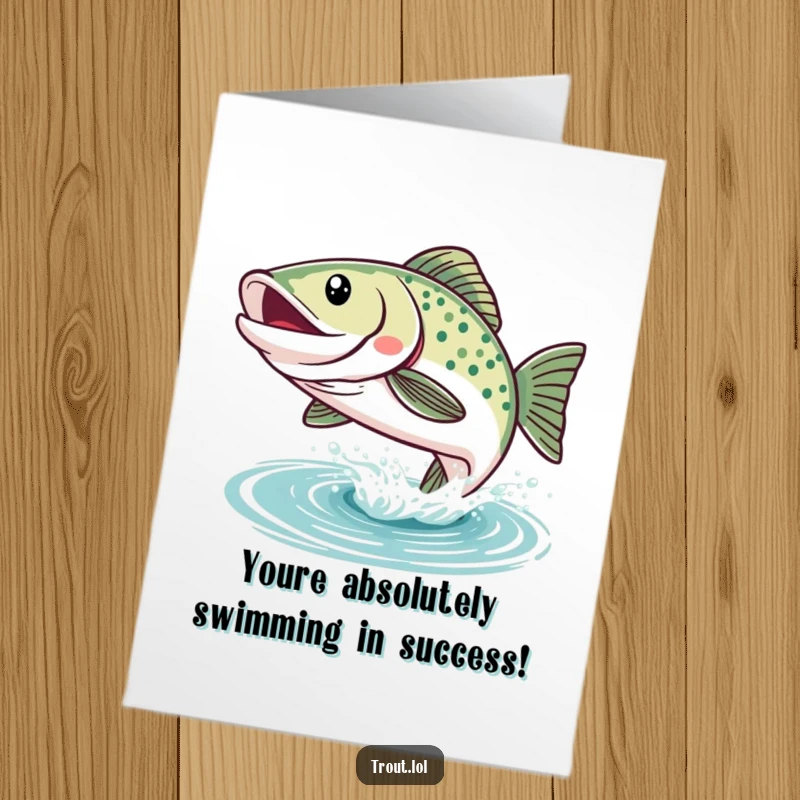 Funny Free Printable Congratulations Card: A cheerful kawaii trout with a wide grin, captured mid-leap from sparkling water.