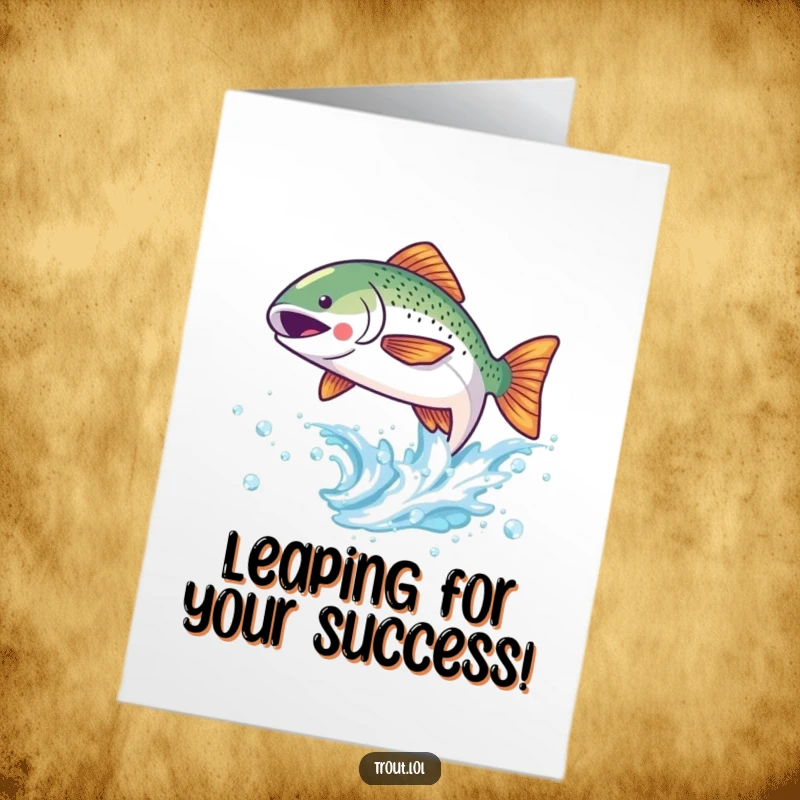 Funny Free Printable Congratulations Card: Cute trout jumping from a sparkling wave, full of excitement.