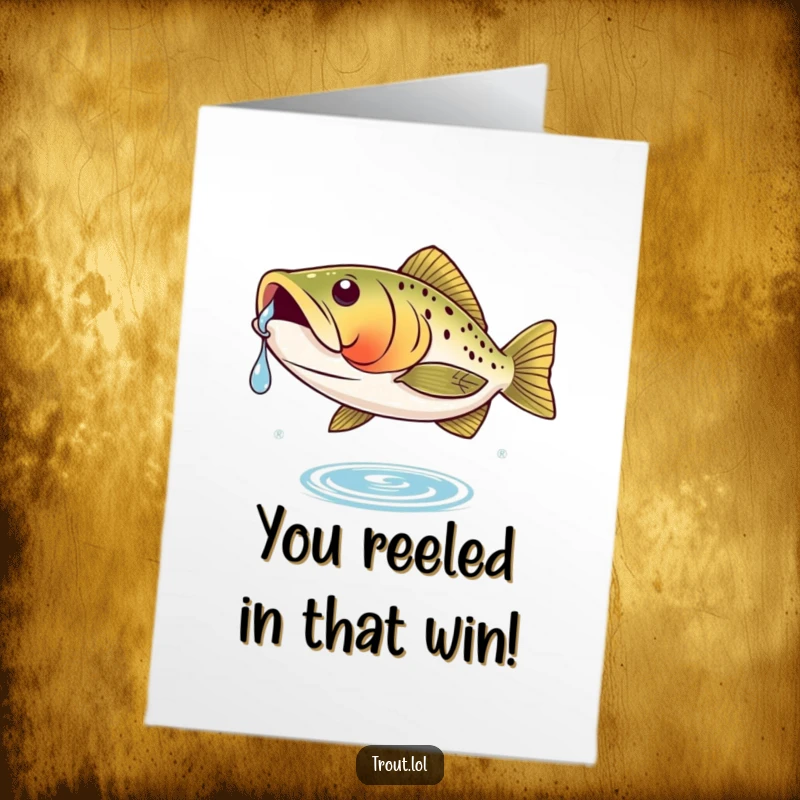Funny Free Printable Congratulations Card: A trout proudly holds a water droplet on its nose, signifying a major achievement.