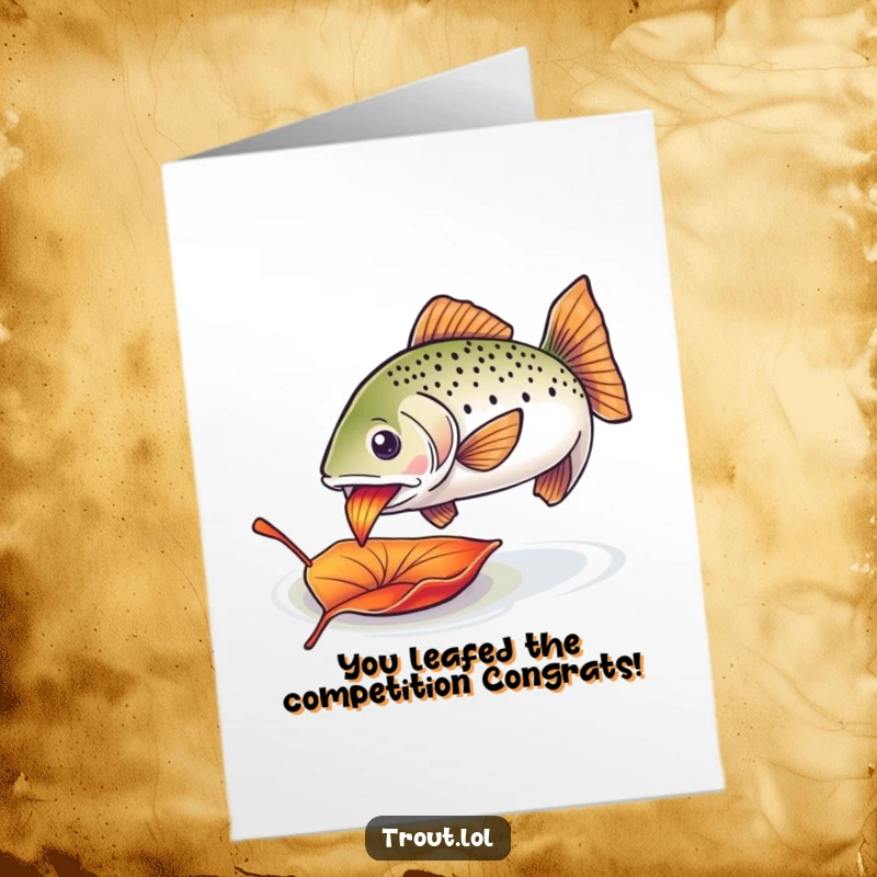Funny Free Printable Congratulations Card: An excited trout is enthusiastically eating a bright, drifting leaf.