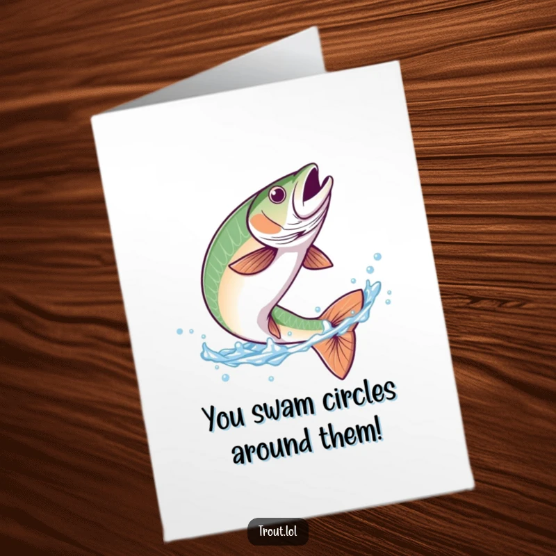 Funny Free Printable Congratulations Card: A trout does a graceful flip in blue water, celebrating your amazing accomplishment.