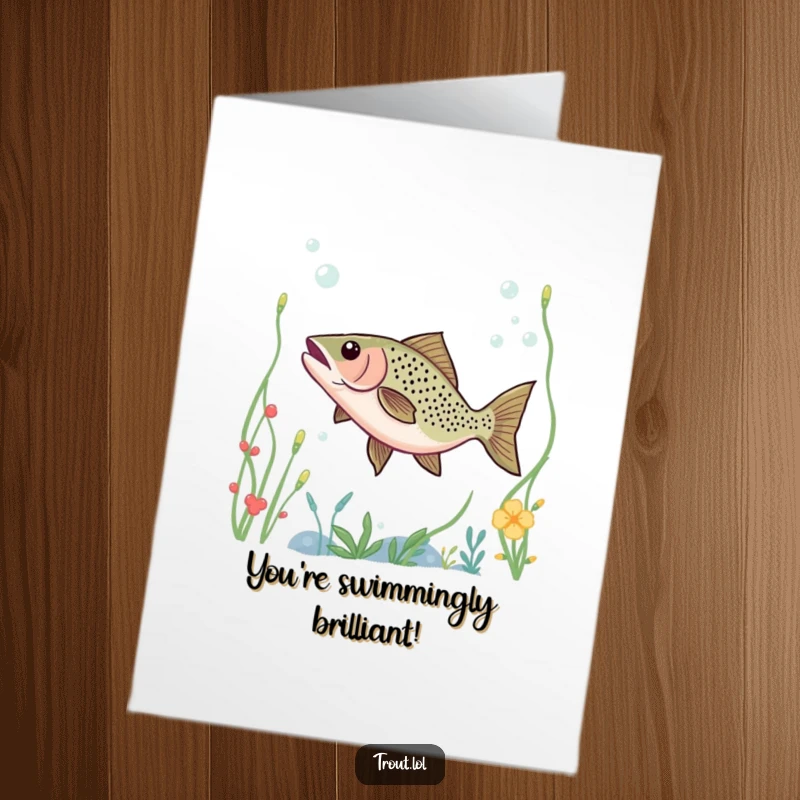 Funny Free Printable Congratulations Card: A trout dances joyfully amidst underwater plants, a symbol of thriving and celebration.