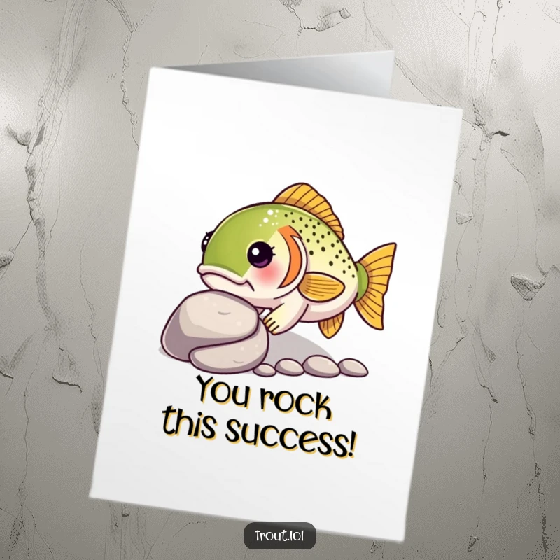 Funny Free Printable Congratulations Card: a determined kawaii trout nudges a smooth pebble, representing focused effort leading to success.