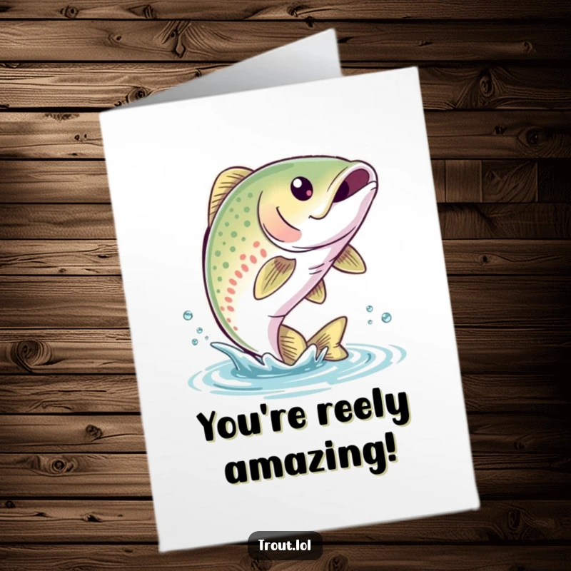 Funny free printable congratulations card showing a cute trout with a bubbly smile mid-leap, celebrating a major win.