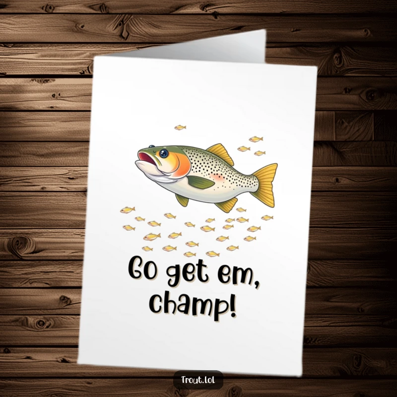 Funny Free Printable Congratulations Card depicting a trout chasing a sparkling school of small fish, symbolizing a triumphant pursuit.