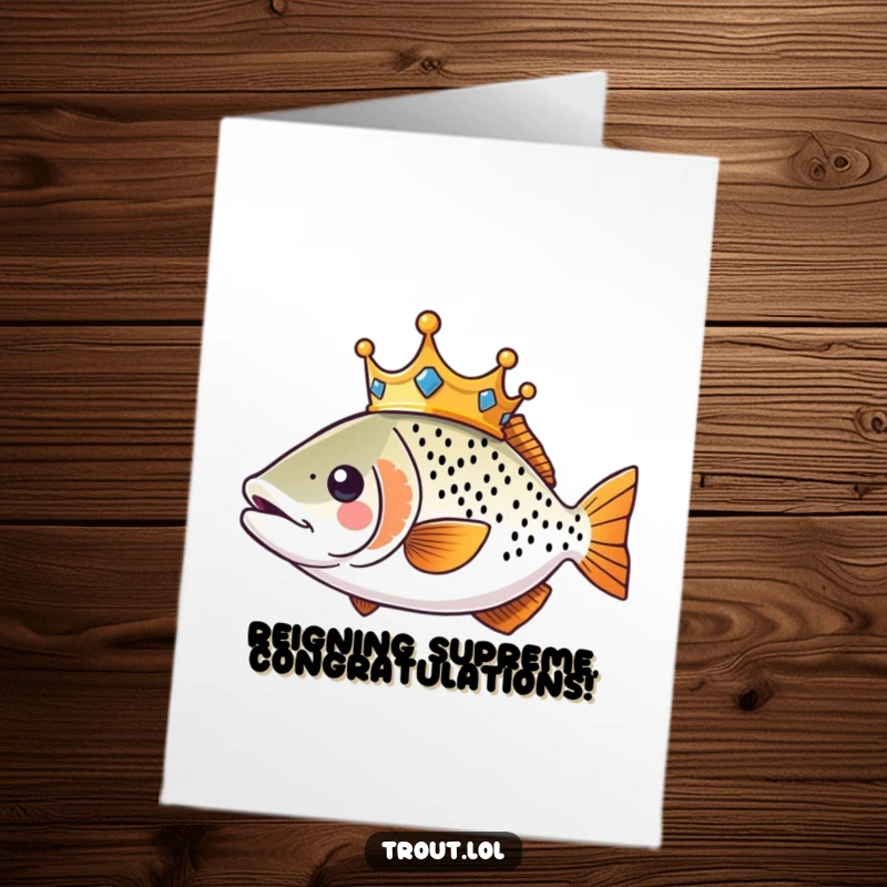 Funny Free Printable Congrats Card: a regal kawaii trout in a crown, swimming with pride.