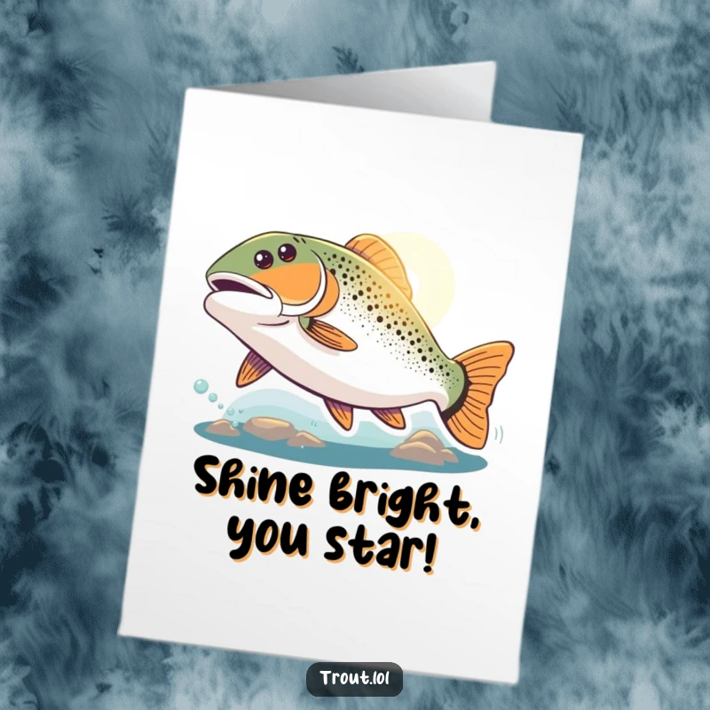 Funny Free Printable Congratulations Card featuring a trout energetically swimming with determination towards a distant, glowing light, symbolizing achievement.