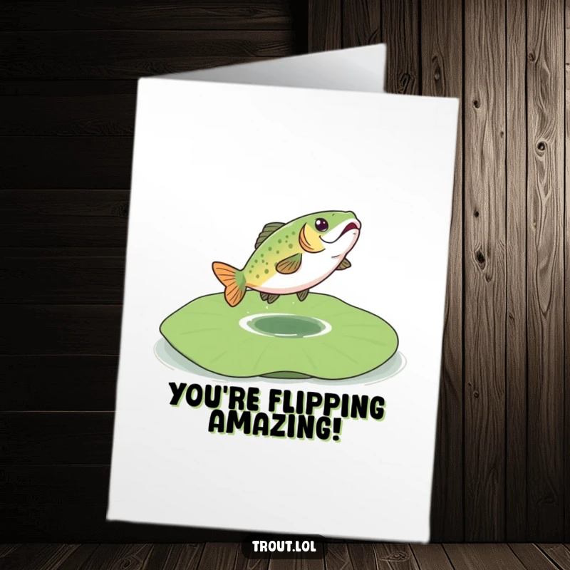 Funny Free Printable Congratulations Card: A playful trout bounces high on a large lily pad.