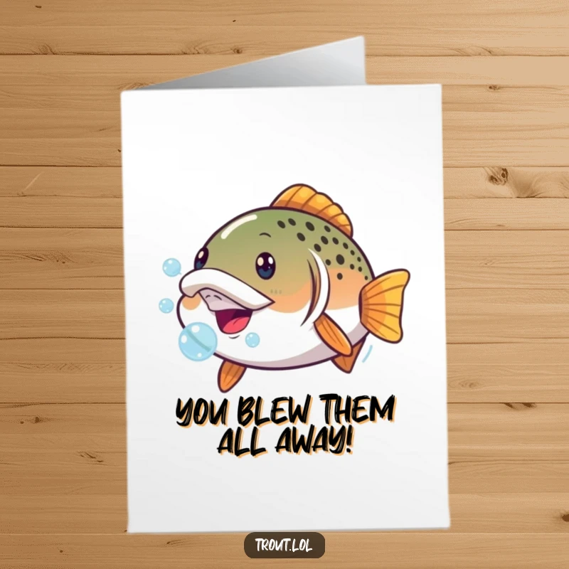Funny free printable congratulations card showing a trout making a silly face and blowing bubbles, celebrating achievement with humor.
