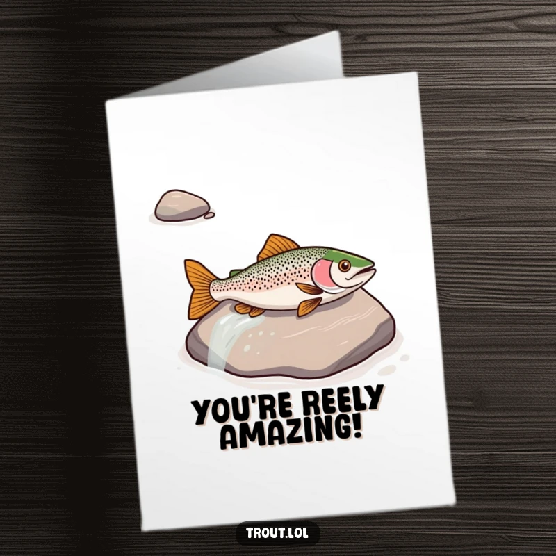 Funny Free Printable Congratulations Card: A trout playfully slides down a smooth river rock, celebrating a smooth transition to success.