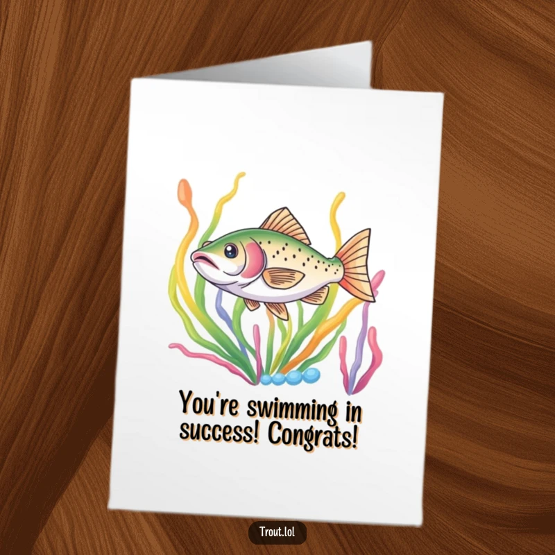 Funny Free Printable Congratulations Card: A trout makes a swift dart through colorful seaweed, celebrating achievement.