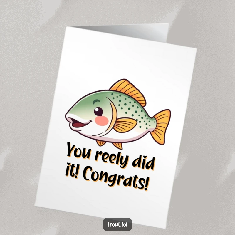 Funny Free Printable Congratulations Card: Kawaii trout wiggling its tail joyfully for a major accomplishment.