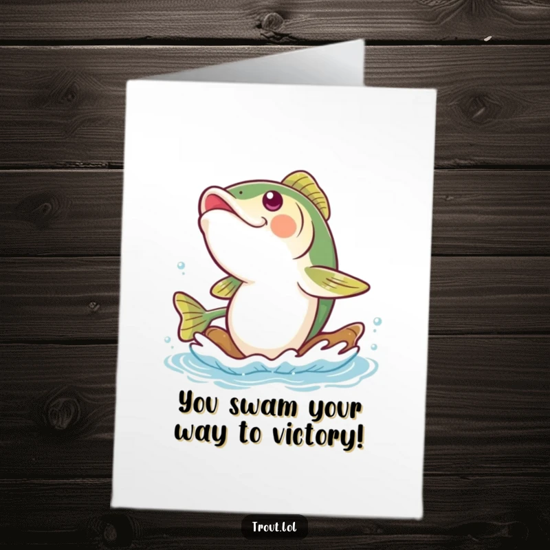 Funny Free Printable Congratulations Card showing a trout chuckling gleefully as it drifts along a serene, flowing river current.