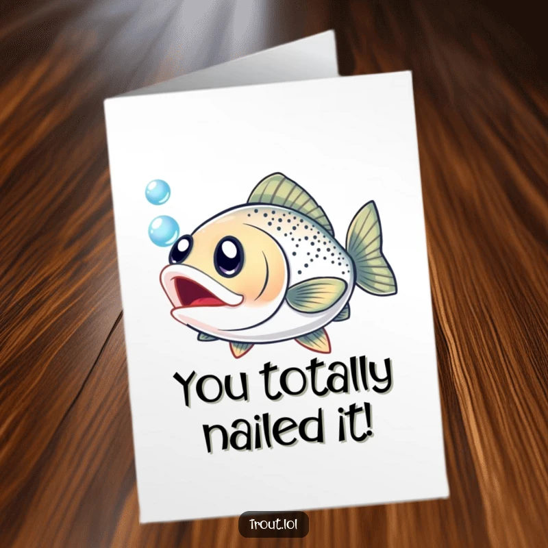 Funny Free Printable Congratulations Card showing a trout with wide eyes chasing a sparkly bubble, celebrating success.