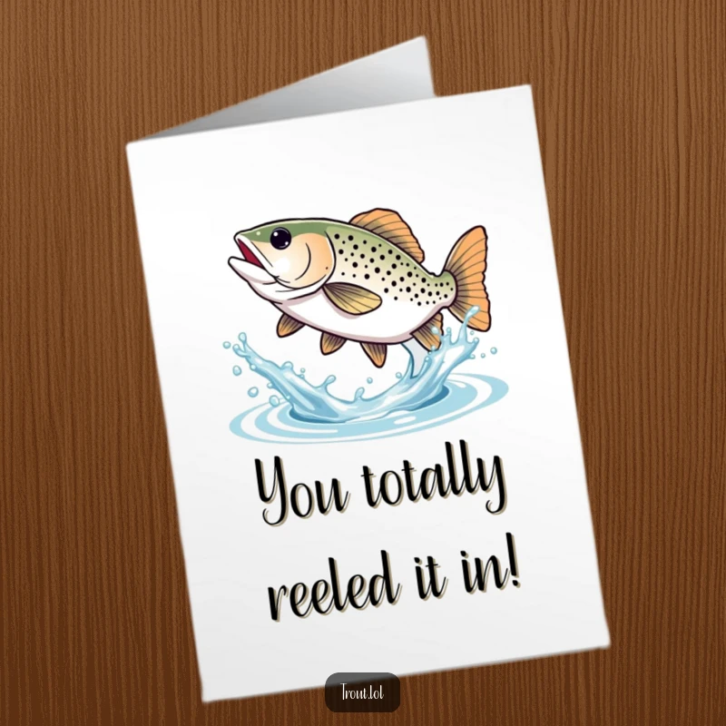 Funny Free Printable Congratulations Card showing a happy trout joyfully splashing water, celebrating a great achievement.