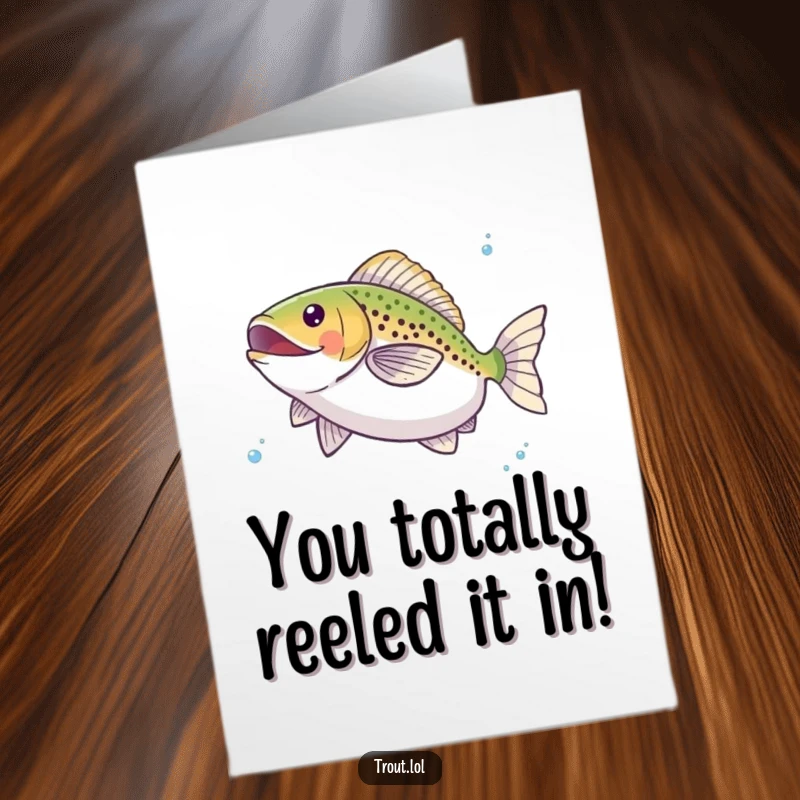 Funny free printable congratulations card depicting a trout joyfully twirling underwater, celebrating success with a bubbly flourish.