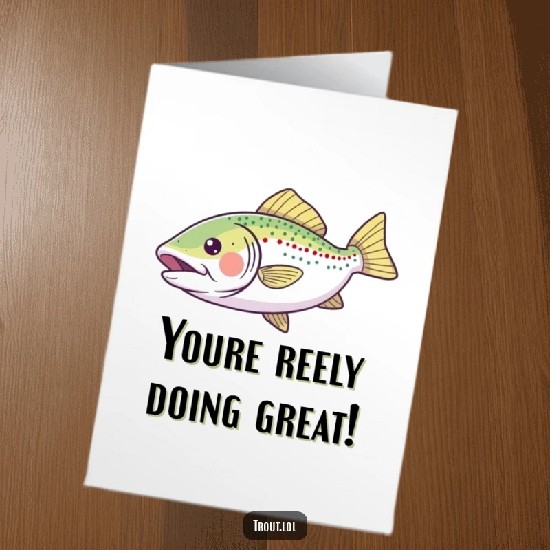 Funny Free Printable Congratulations Card showcasing a joyful trout gliding effortlessly, celebrating success with outstretched fins and a happy vibe.