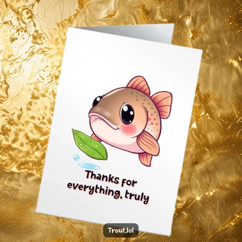 Funny Free Printable Thank You Card: A curious trout observes a leaf, conveying heartfelt thanks with humor in this downloadable.