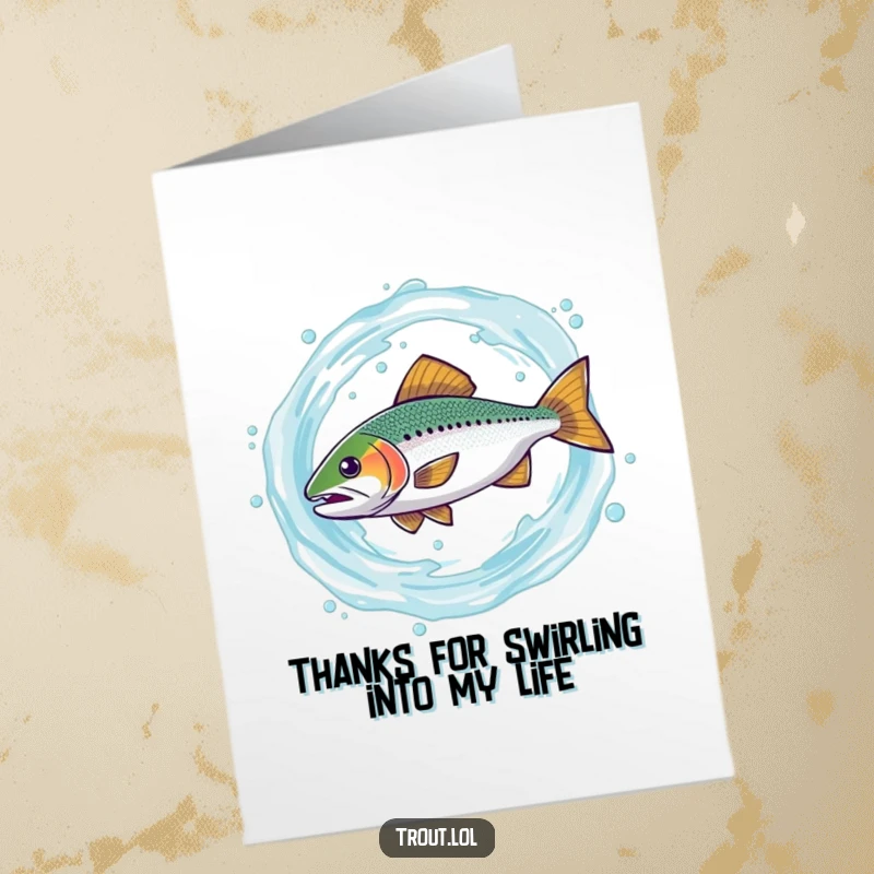 Funny Free Printable Thank You Card: A trout comically spins within a water swirl, adding humor and fun to thanking someone.