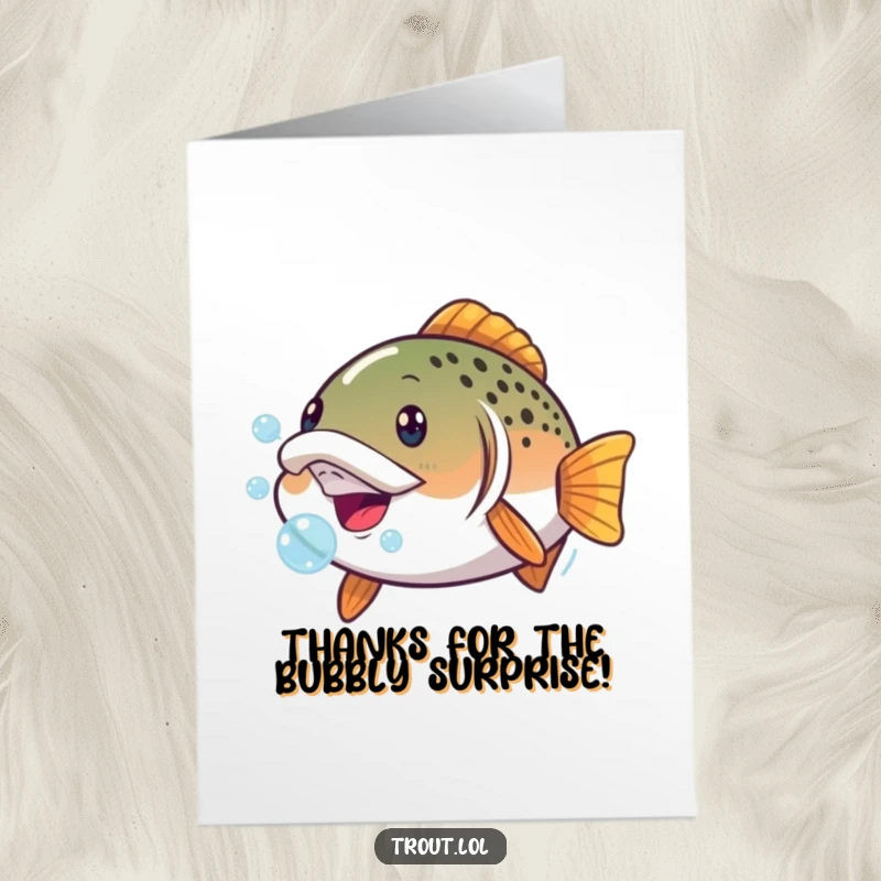 Funny free printable thank you card featuring a trout with a comical expression, blowing a stream of bubbles.